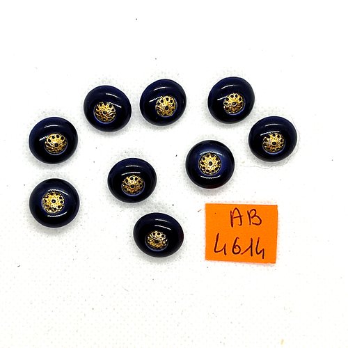 9 boutons en résine bleu foncé et doré - 14mm - ab4614