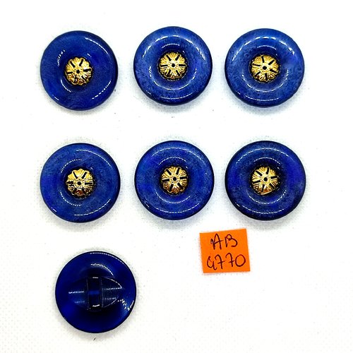 7 boutons en résine bleu et doré - 27mm - ab4770