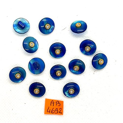13 boutons en résine bleu et doré - 13mm - ab4692