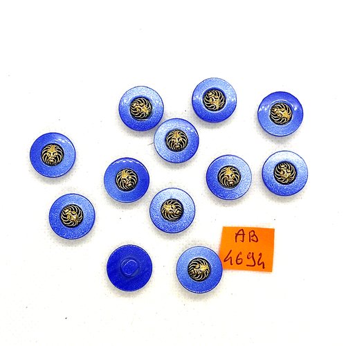 11 boutons en résine bleu et doré- 15mm - ab4694