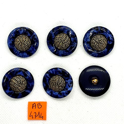 6 boutons en résine bleu et doré - 27mm - ab4714