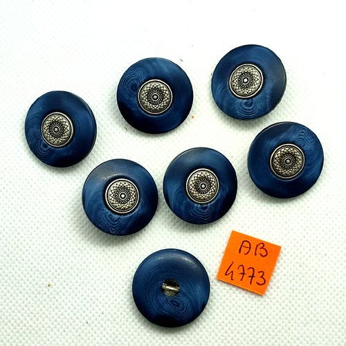 7 boutons en résine bleu et métal argenté - 25mm - ab4773