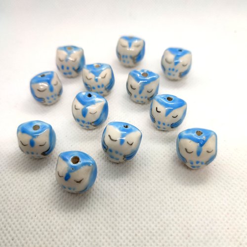 12 perles en porcelaine bleu et blanc - chouette - 15x15mm