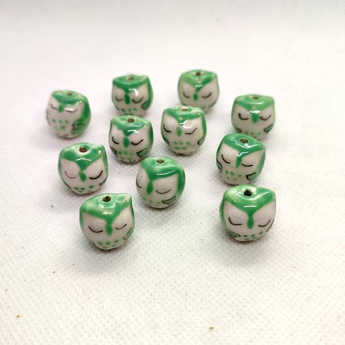 11 perles en porcelaine vert et blanc - chouette - 15x15mm