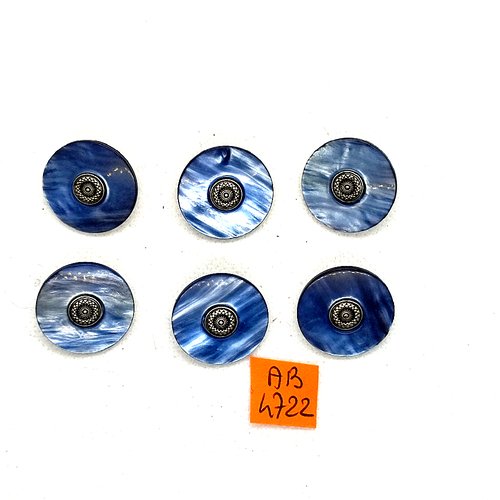 6 boutons en résine gris/bleu et argenté - 22mm - ab4722