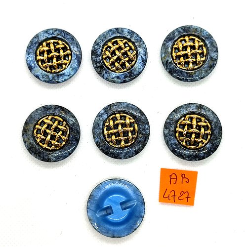 7 boutons en résine gris/bleu et doré - 28mm - ab4727