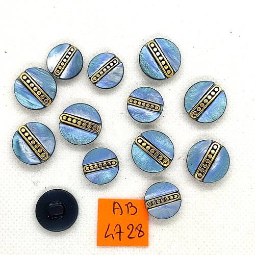 13 boutons en résine bleu et doré - 15mm et 13mm - ab4728