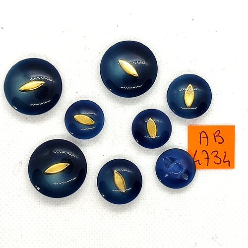8 boutons en résine bleu et doré - 22mm - 17mm et 15mm - ab4734