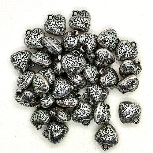 Lot de 50 perles en résine métalisées argenté (coeu) - 17x15mm