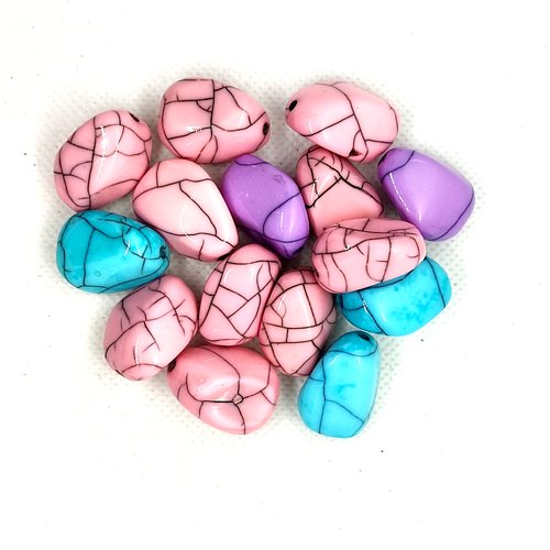 Lot de 15 perles en résine - effet craquelé - mauve bleu et rose - 22x18mm