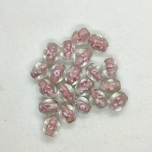 20 perles en verre fleuri - rose et transparent - 15x11mm