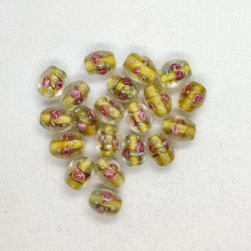20 perles en verre fleuri - jaune et transparent - 15x11mm