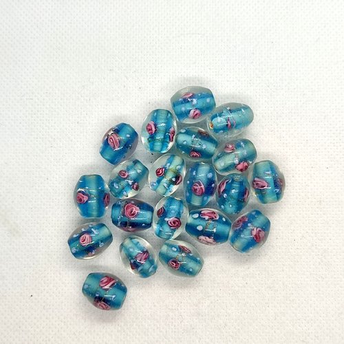 20 perles en verre fleuri - bleu et transparent - 15x11mm