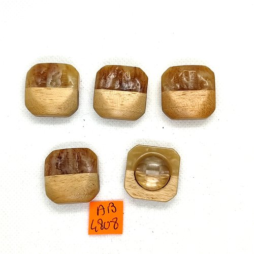 5 boutons en bois et corne marron - 23x23mm - ab4808