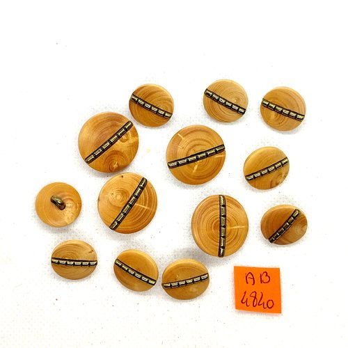 13 boutons en bois marron et métal doré - 20mm et 15mm - ab4840