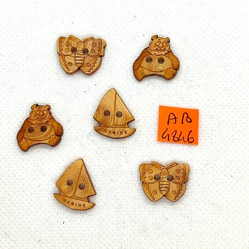 6 boutons en bois marron - papillon ours et bateau - 14mm - 16mm et 18mm - ab4846