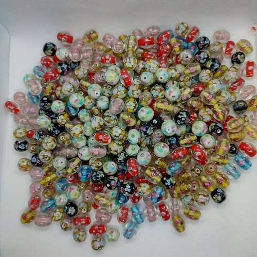 Lot de 330 perles en verre millefiori - ovale et ronde multicolore - 15x12mm et 12mm