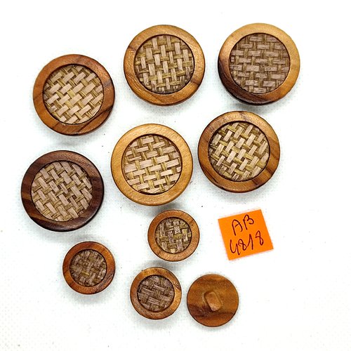 10 boutons en bois et osier marron - 28mm et 18mm - ab4818