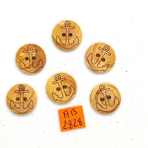 6 boutons en bois marron - une ancre - 18mm - ab4828