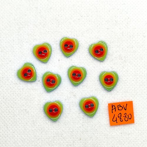 9 boutons coeur en résine vert orange - 12x11mm - abv4880