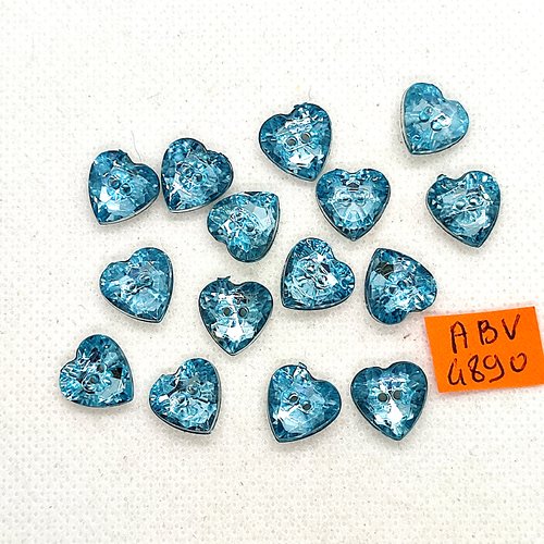 15 boutons coeur en résine bleu et argenté - 12x12mm - abv4890