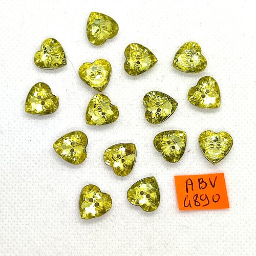 15 boutons coeur en résine jaune/vert et argenté - 12x12mm - abv4890