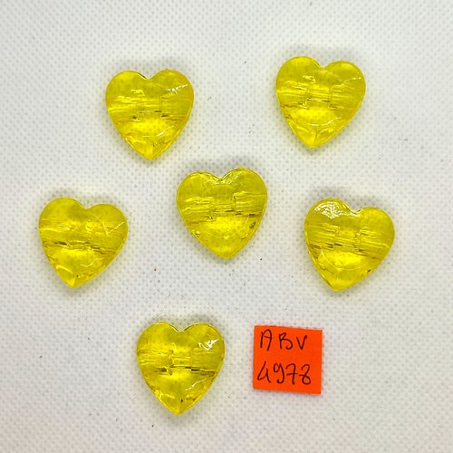 6 boutons en résine jaune - coeur  - 22x23mm - abv4978