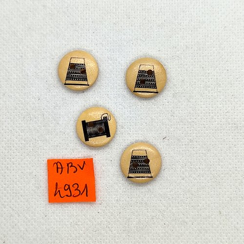 4 boutons en bois marron - dé à coudre et bobine de fil - 15mm - abv4931