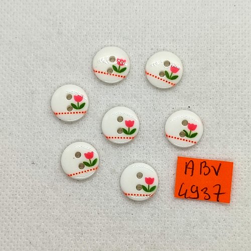 7 boutons en résine avec petite fleur - rose et verte - 12mm - abv4937