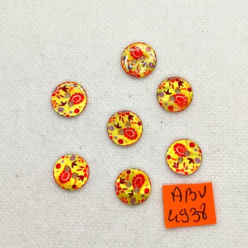 7 boutons en nacre fond jaune et fleur rouge - 13mm - abv4938