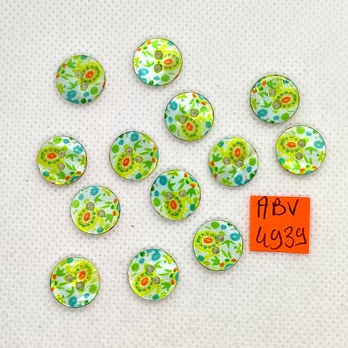 13 boutons en nacre vert et multicolore - 12mm - abv4939