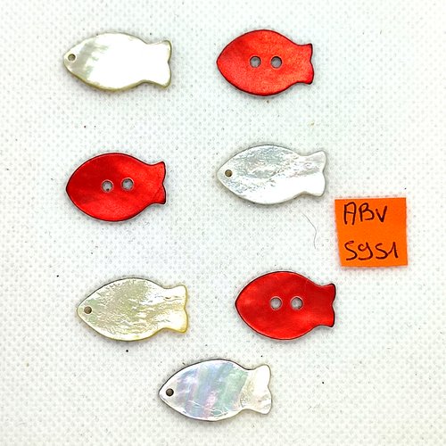 7 breloques et boutons en nacre - poisson - ivoire et rouge - 24x13mm - abv5951