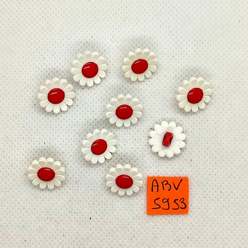 9 boutons fantaisie en résine blanc et rouge - une fleur - 14mm - abv5953