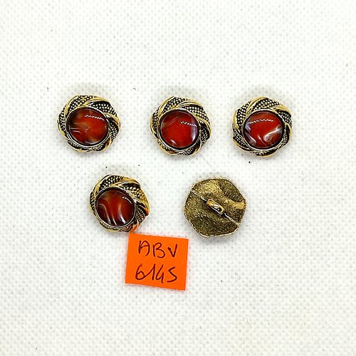 5 boutons en résine orange foncé et métal doré - 17mm - abv6145