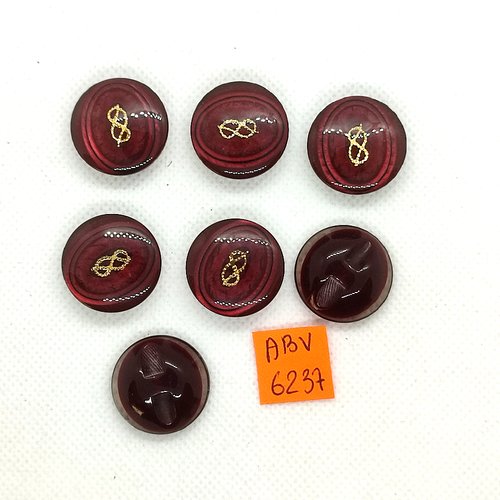 5 boutons en résine bordeaux et doré - 22mm - abv6237