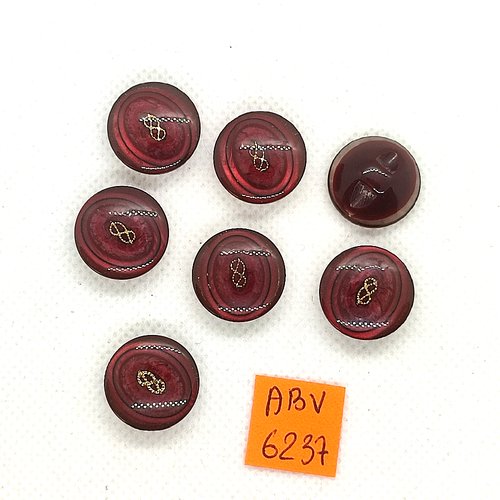 7 boutons en résine bordeaux et doré - 17mm - abv6237