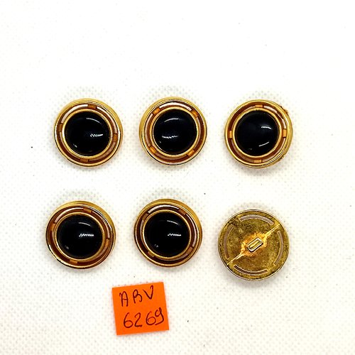 6 boutons en résine noir et doré - 22mm - abv6269