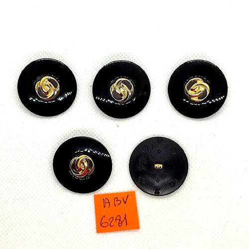 6 boutons en résine doré et noir - 28mm - abv6281