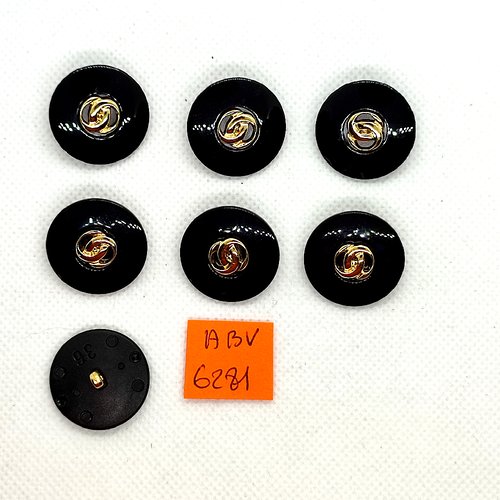 7 boutons en résine noir avec un liserai doré - 28mm - abv6282