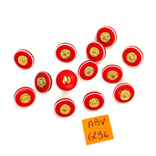 13 boutons en résine rouge et doré - 14mm - abv6296