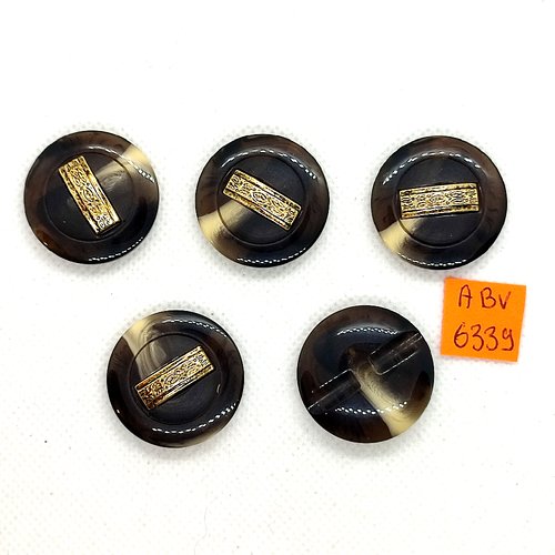 5 boutons en résine marron et doré - 27mm - abv6339