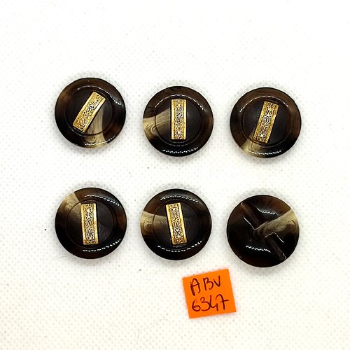 6 boutons en résine marron et doré - 23mm - abv6347