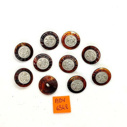 10 boutons en résine marron et argenté - 18mm - abv6348