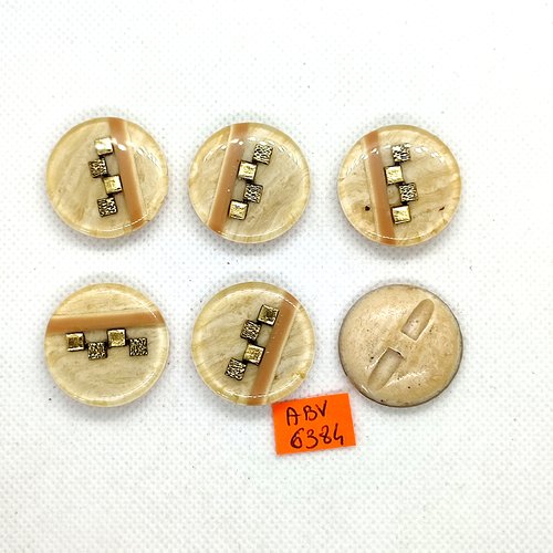 6 boutons en résine beige transparent et doré - 27mm - abv6384