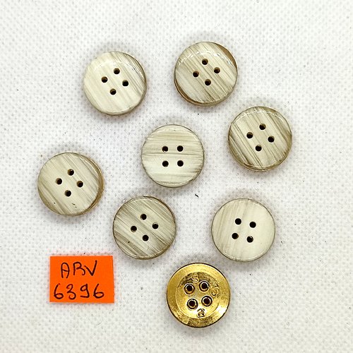 8 boutons en résine beige et métal doré - 18mm - abv6396