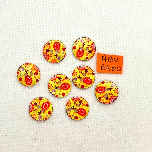 8 boutons fantaisie en nacre fond jaune et fleur rouge - 15mm - abv6400