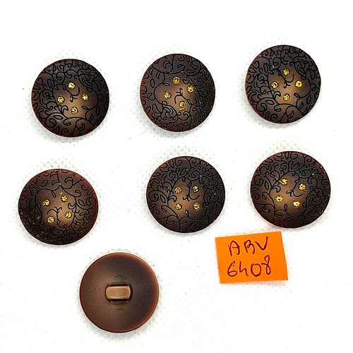 7 boutons en résine marron et strass doré - 22mm - abv6408