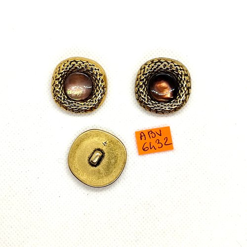 3 boutons en métal doré et résine marron - 27x27mm - abv6432