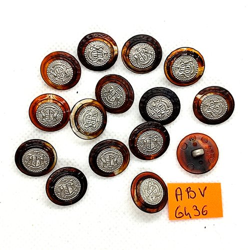 15 boutons en résine marron et argenté - 15mm - abv6436