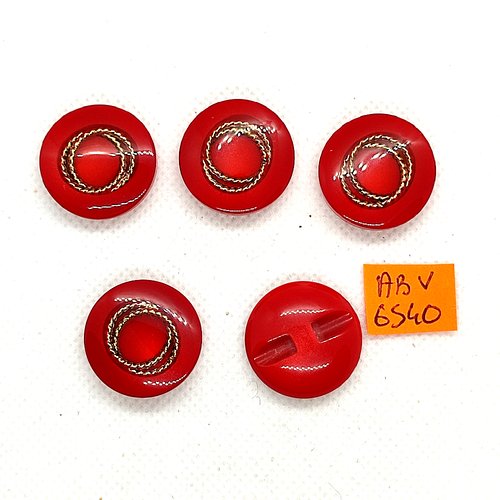 5 boutons en résine rouge et doré - 22mm - abv6540